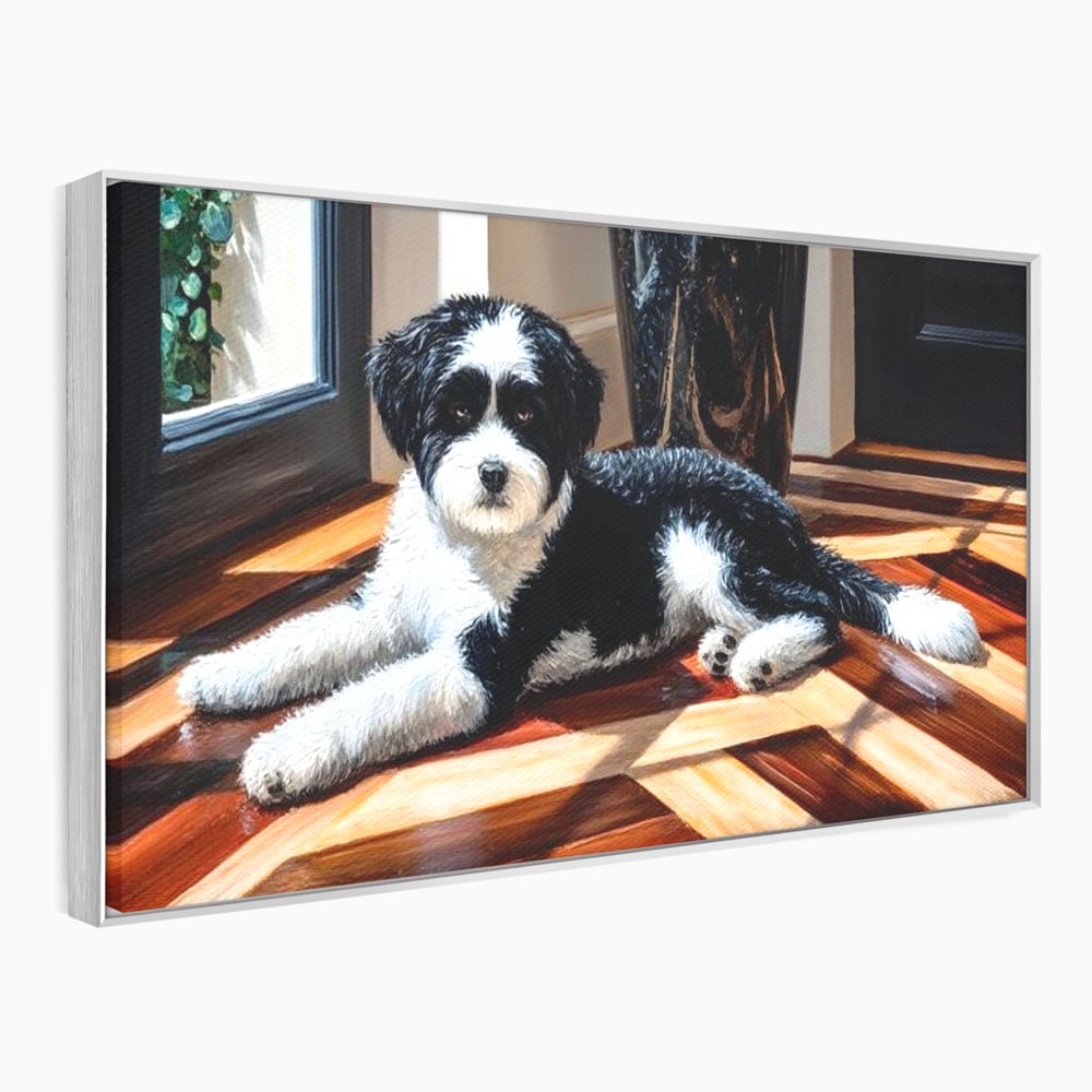 Tablou canvas cu tablou canvas cu catel negru cu alb, in rama de aluminiu argintiu
